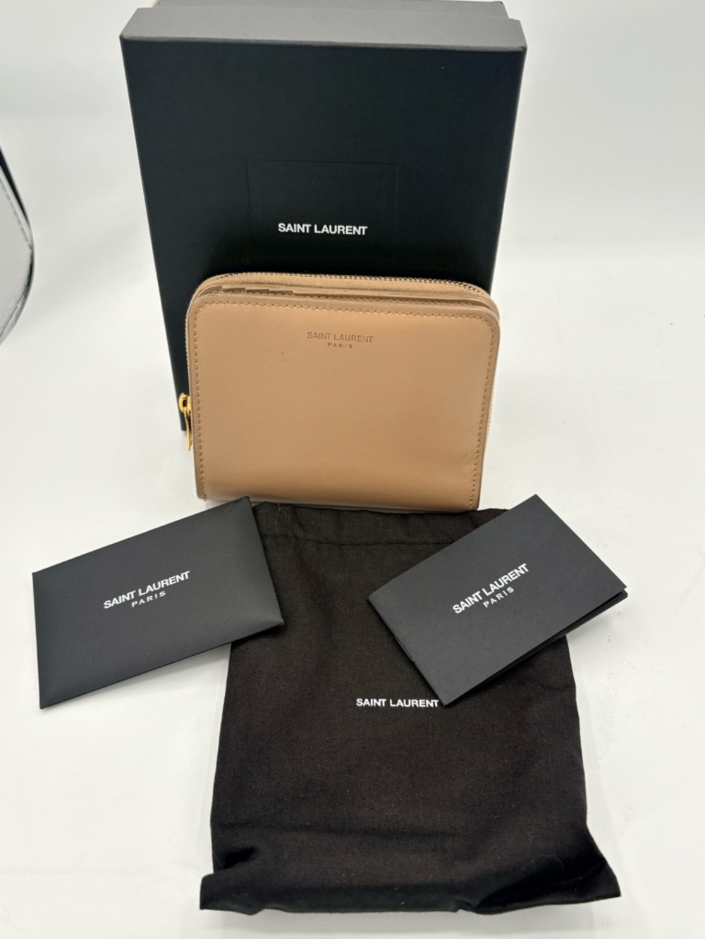 Saint Laurent Tan Zip Wallet with Gold Hardware
